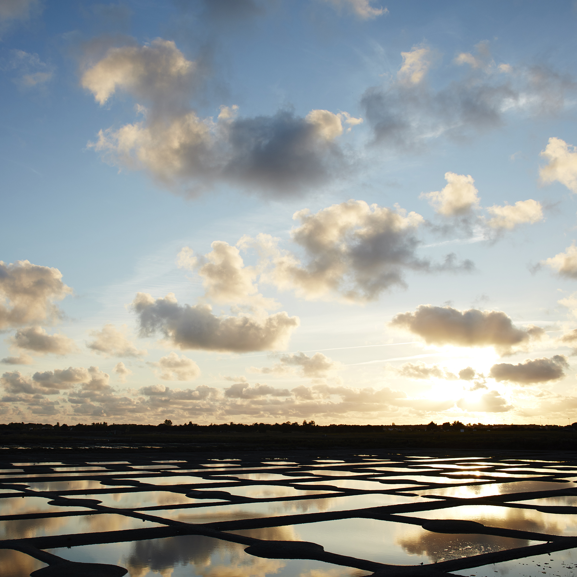 zoutpannen in noirmoutiers bij ondergaande zon